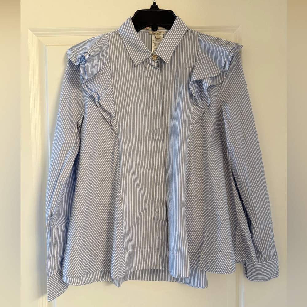 Light Blue & White Striped Ruffle-Yoke Button Shirt